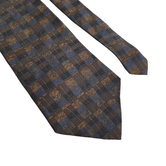 Geoffrey Beene Vintage Designer Men Blue Brown Checkered Silk Tie Gift Dad - Picture 2 of 5